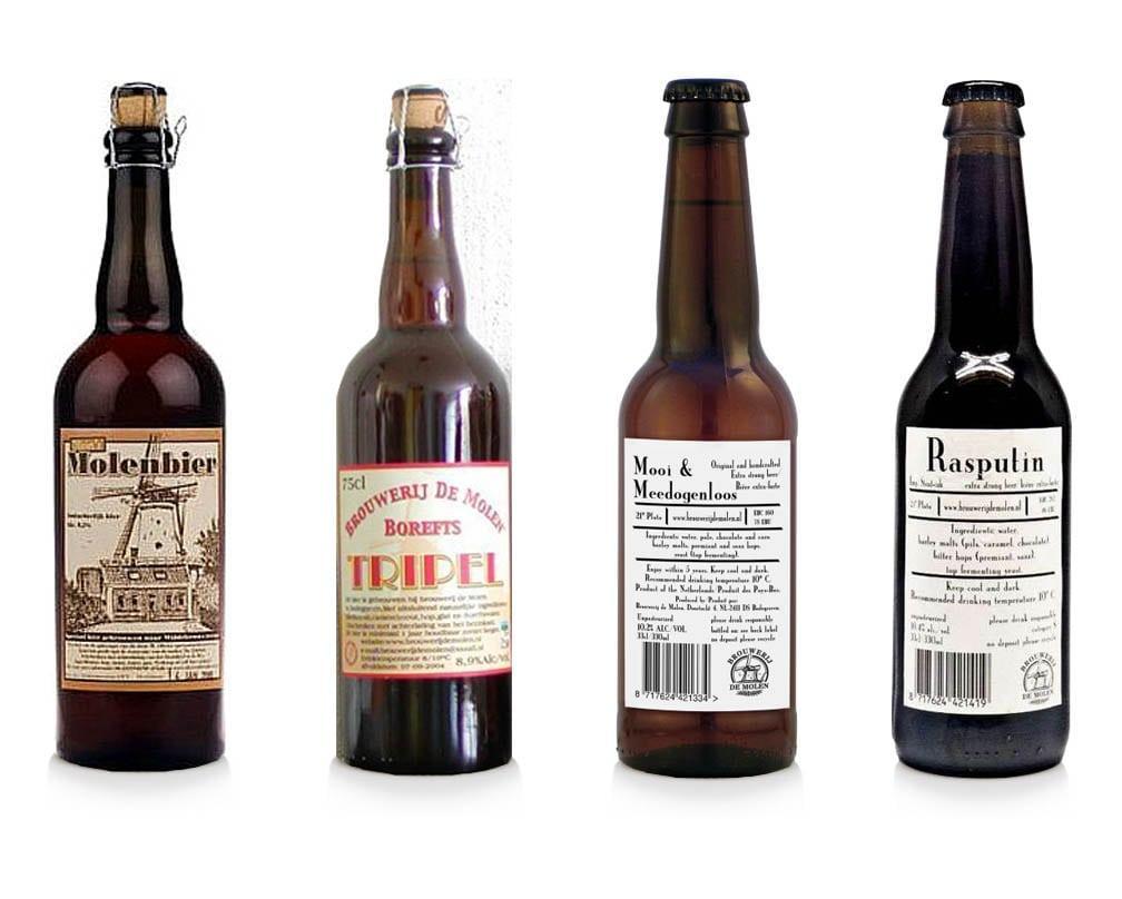 Two of the old designs (left), and two of what has became the standard design for De Molen labels